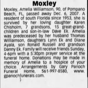 Obituary for Moxley Amelia Moxley Williamson